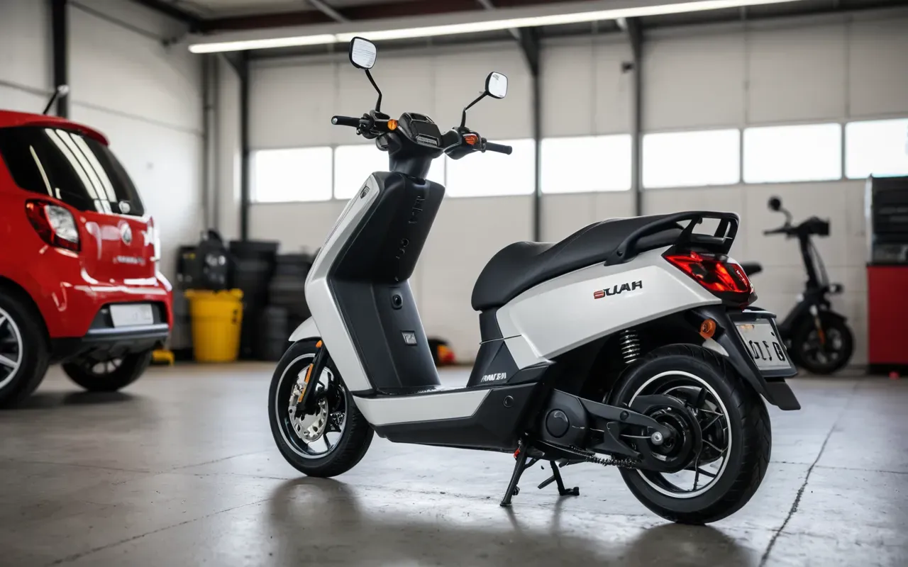 konfor aparatları A modern electric scooter with upgraded suspension components and a comfortable seat attachment parked in a bright clean garage setting showing detailed mechanical parts.