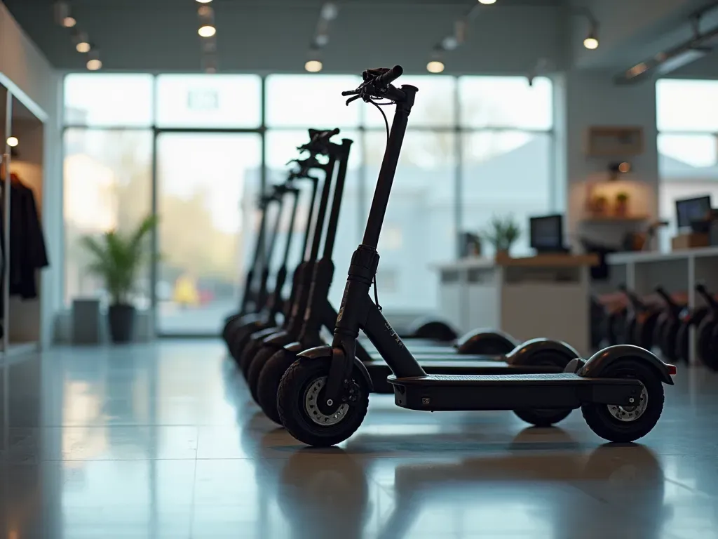 A modern indoor retail space with bright overhead lighting displaying a row of sleek electric scooters on clean polished floors. A technician in a clean uniform kneels beside one scooter inspecting the wheel and brake system with a digital diagnostic tool. Shelves in the background hold neatly organized maintenance accessories. The scene feels professional, orderly, and focused on vehicle care.