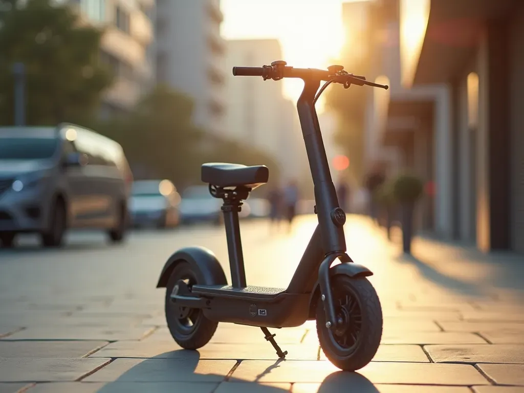 A modern urban street scene during late afternoon sunlight showing a parked electric scooter on a clean sidewalk. The scooter has a sleek matte finish and stands near a minimalist concrete bench. Soft shadows stretch across the pavement. No people or text are visible. The atmosphere feels calm and contemporary.