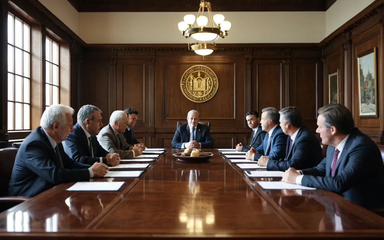A parliamentary committee room with several politicians in discussion around a wooden table, bright natural lighting from large windows, serious yet engaged expressions on faces.