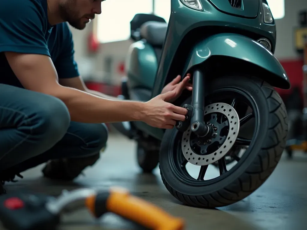 A person checking the brake disc of a scooter in a clean garage setting. The focus is on maintenance tools and mechanical parts with no visible text.