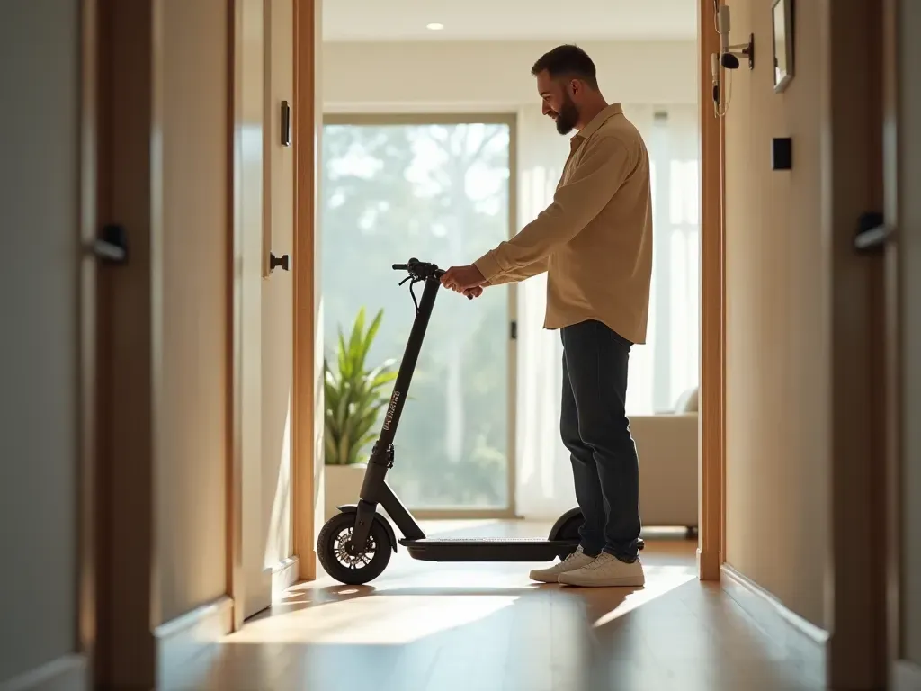 A person folding a modern three-wheeled electric scooter in a compact apartment hallway with bright lighting and clean minimal decor showing the ease of storage.
