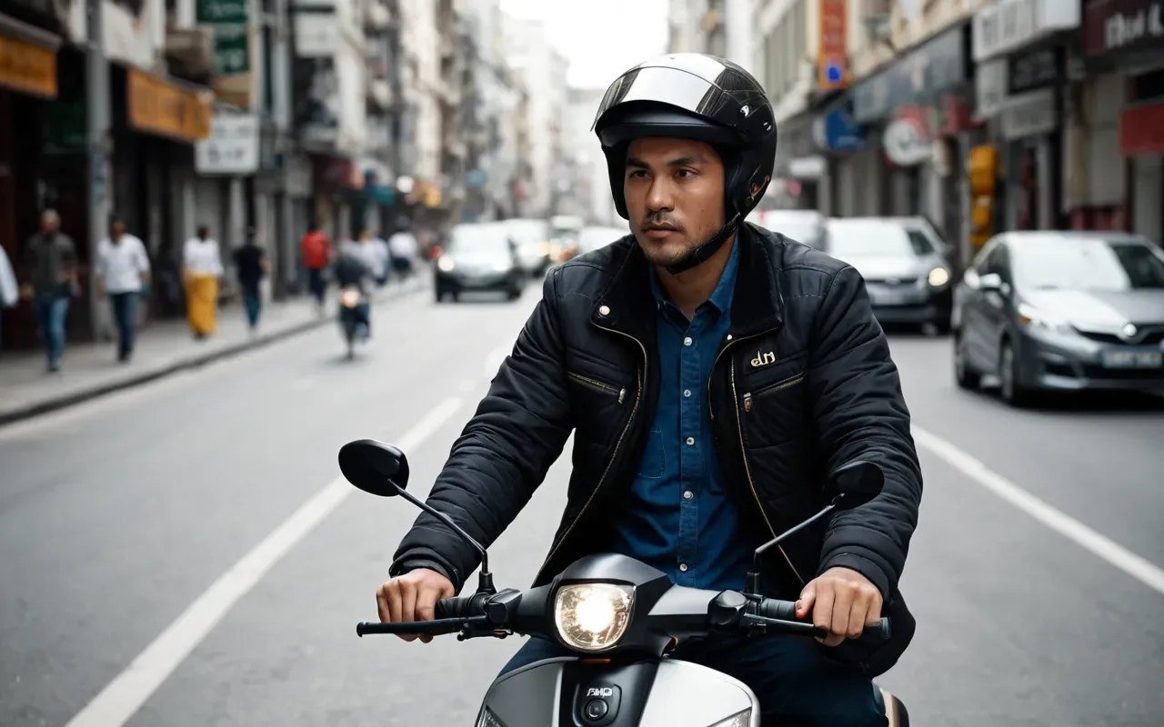 A person riding a shared electric scooter on a busy city street during rush hour. The rider looks stressed and checks the handlebar controls while traffic moves slowly around them. Modern urban setting with glass buildings in the background, overcast sky, realistic photo style.
