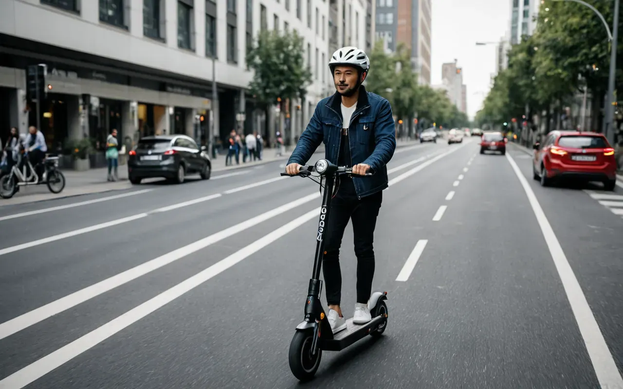 A person riding an electric scooter on a dedicated bike lane in a modern city. The scene is bright and clear, showing the ease of urban commuting.