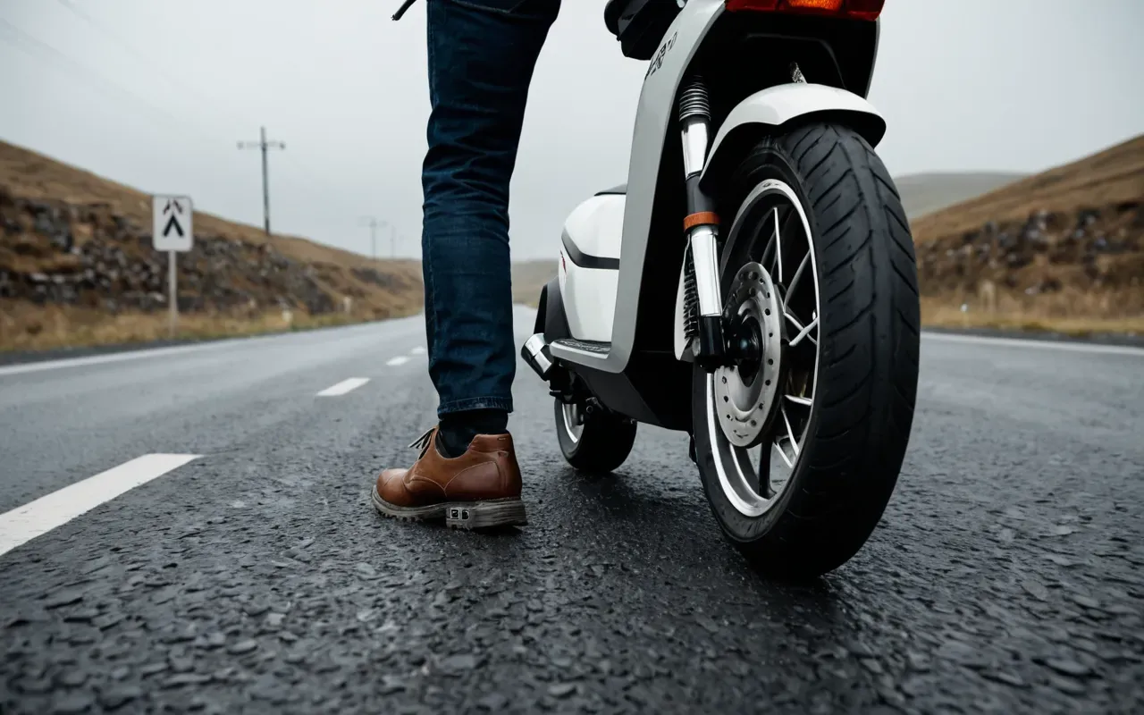 bozuk yol scooter riski A person riding an electric scooter on a rough and uneven asphalt road with visible potholes under overcast lighting conditions.