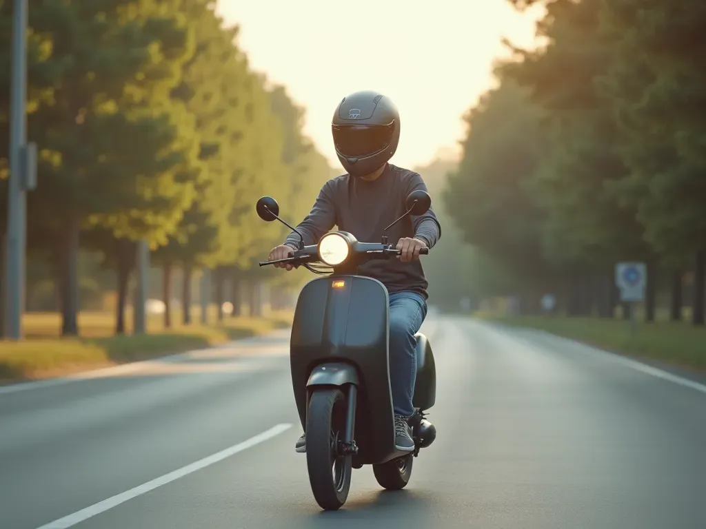 A person wearing a full-face helmet riding an electric scooter on a smooth road during the daytime.