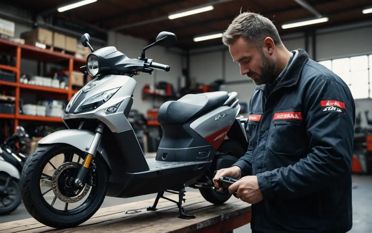 A professional mechanic in a modern workshop performing detailed maintenance on the battery pack of an electric scooter, using specialized tools and diagnostic equipment under bright overhead lighting.