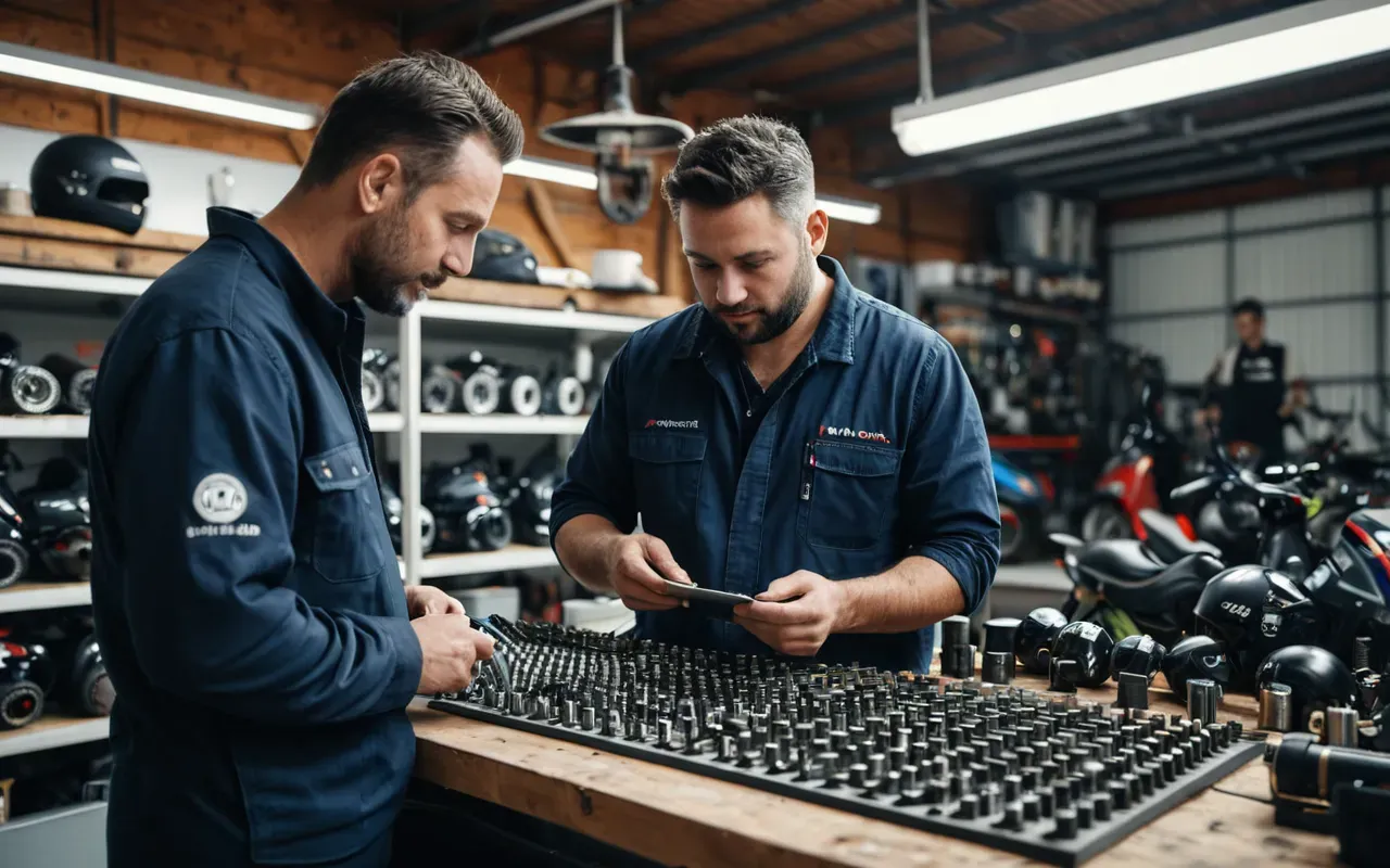 servis danışmanlığı A professional technician explaining maintenance options to a customer in a well-lit modern workshop with various scooter parts neatly organized on shelves.