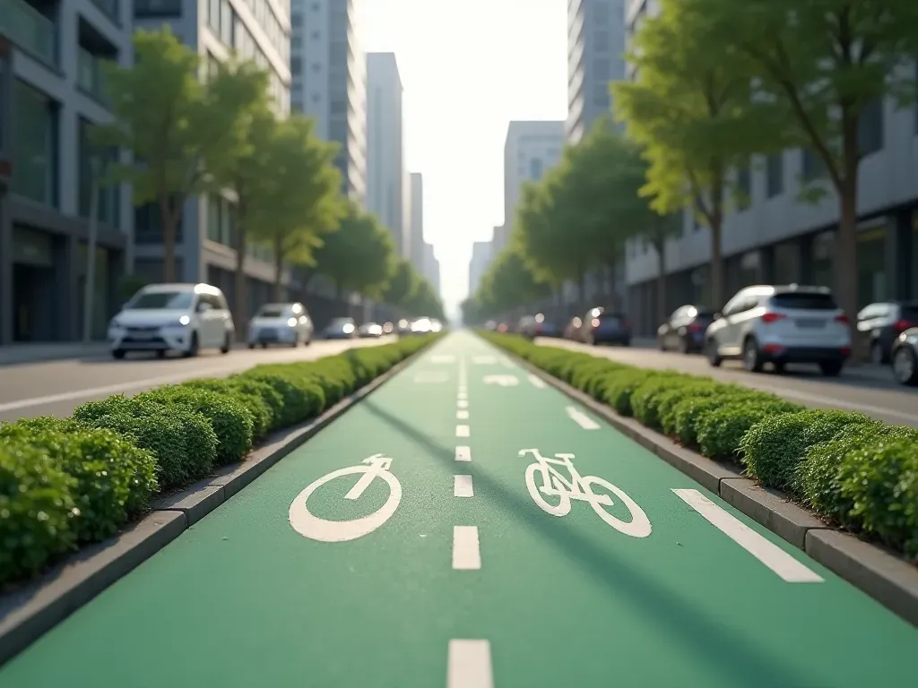 A wide shot of a modern city street with dedicated bike lanes separated from car traffic by green plants.