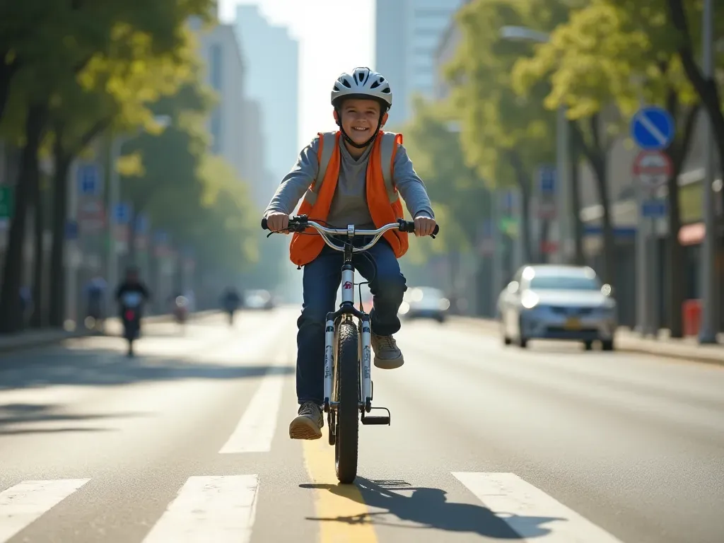bisiklet güvenliği okulda A young student riding a bicycle safely on a designated bike lane in an urban environment during daylight. The scene is bright and clear. Focus on safety gear like helmet and visibility.