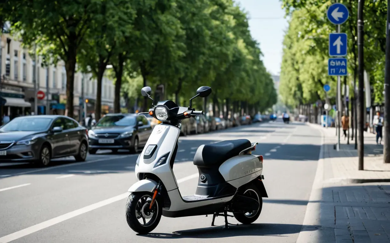 sürdürülebilir ulaşım An electric scooter moving smoothly through a modern city street with green trees and clear blue sky showing sustainable urban transportation in action.