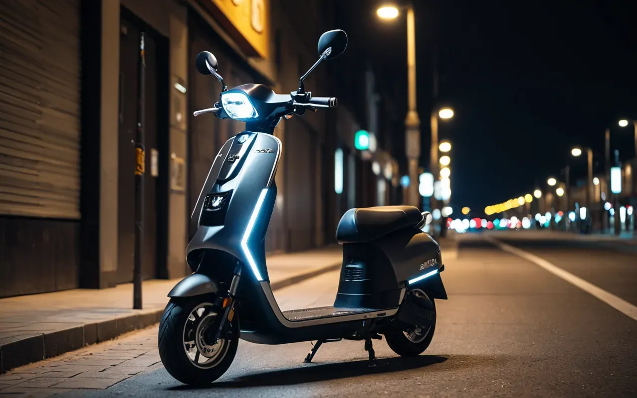 gece scooter aydınlatması An electric scooter with bright LED lights and reflective details parked on a sidewalk at night near a street lamp.
