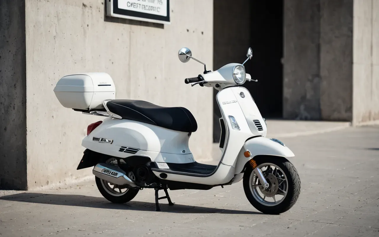 Clean editorial still life of a modern minimalist scooter on a concrete surface with soft natural daylight and neutral tones