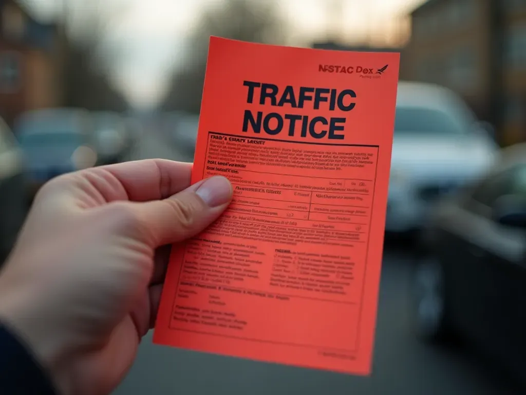 Close up of a hand holding a red traffic ticket with blurred background. The focus is on the penalty notice without showing any specific text or numbers.