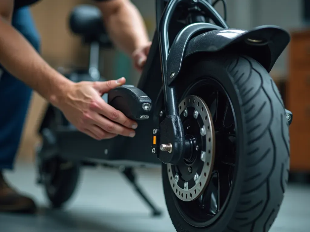 Close-up of a mechanic's hands inspecting the brake pads of an electric scooter in a clean workshop, shallow depth of field