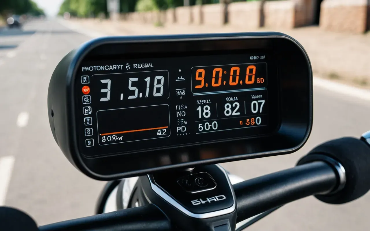 Close-up of a modern electric scooter dashboard screen showing battery percentage in bright daylight with shallow depth of field and neutral tones