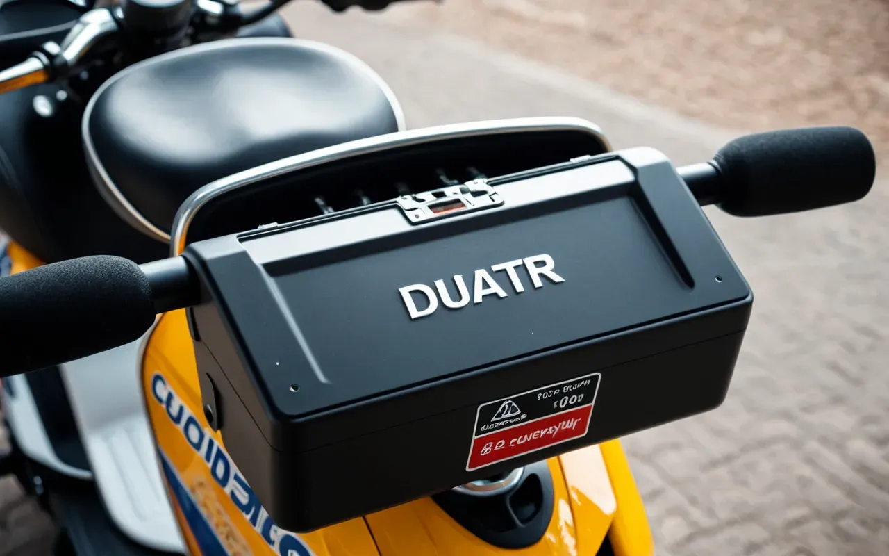 Close-up of a modern scooter battery compartment with clean lines and neutral lighting in a minimalist setting