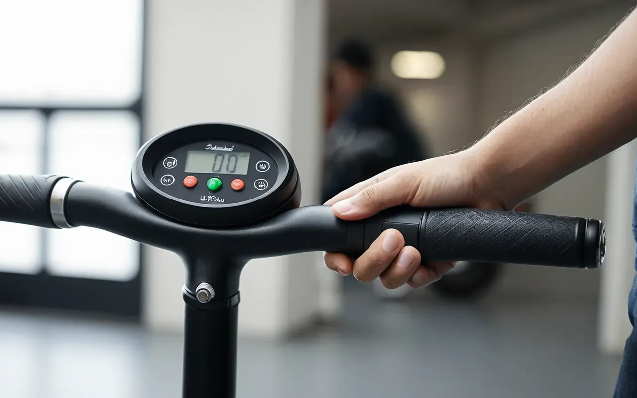 Close-up of a small child's hand gripping the brake lever of a modern electric scooter in a bright indoor studio, soft natural lighting, shallow depth of field