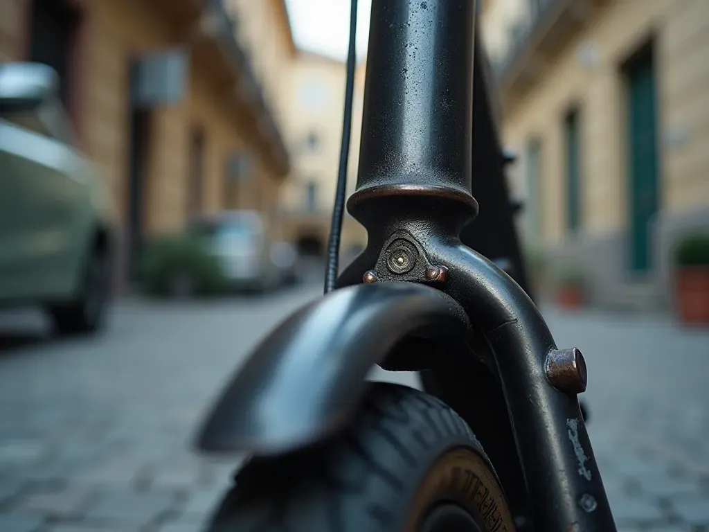 scooter şasi detayı Close-up shot of a scooter frame joint and weld points on an urban street background showing metal texture and durability details without any text or branding visible.