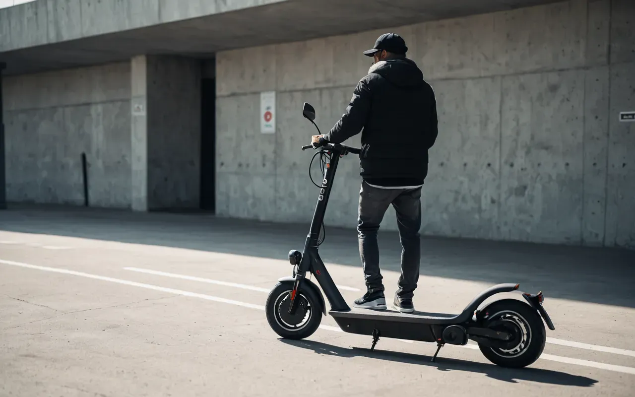 Editorial photo of a person wearing modern urban clothing standing next to an electric scooter in a clean concrete parking area with soft shadows