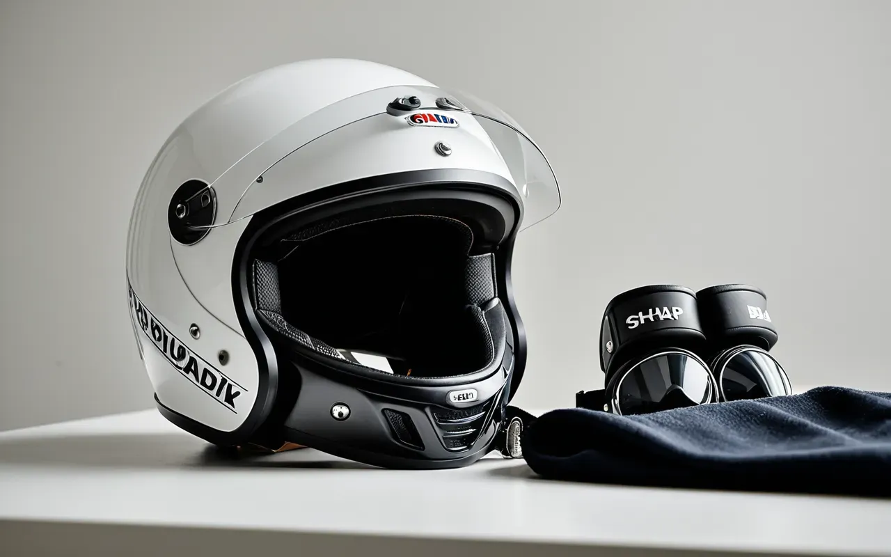Editorial still life of a scooter helmet and safety gear on a white table with soft diffused lighting and clean minimalist composition
