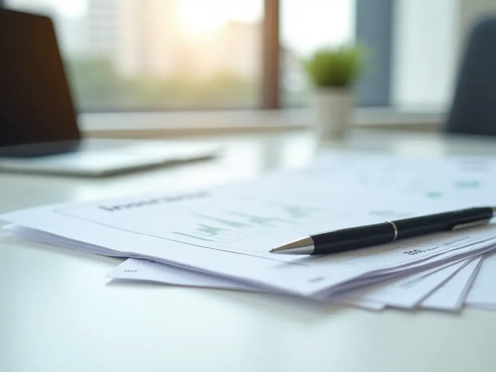 sigorta süreçleri Minimalist office desk with a neatly stacked insurance document folder, modern pen, soft daylight from window, clean white surface, professional atmosphere