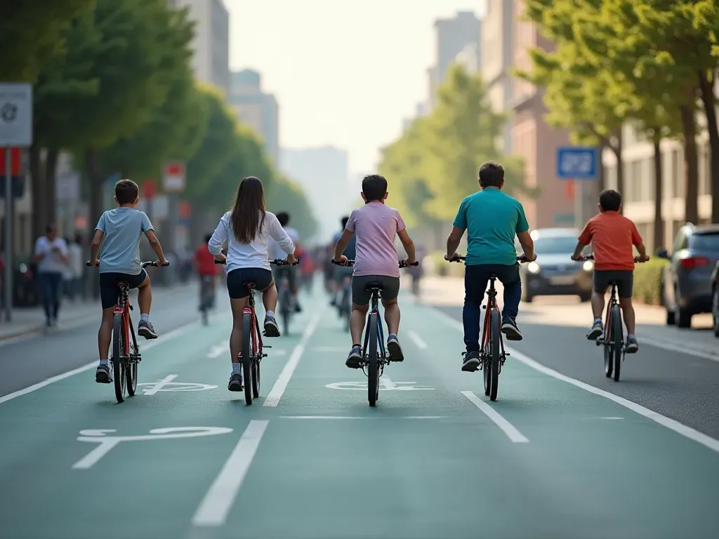şehir bisiklet altyapısı Modern city street with dedicated bicycle lanes separated from car traffic. Cyclists of various ages riding safely under clear sky.