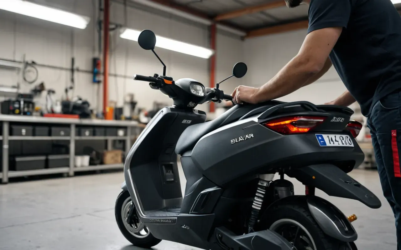 Modern electric scooter battery pack being installed by a technician in a clean well-lit workshop with organized tools and bright artificial lighting