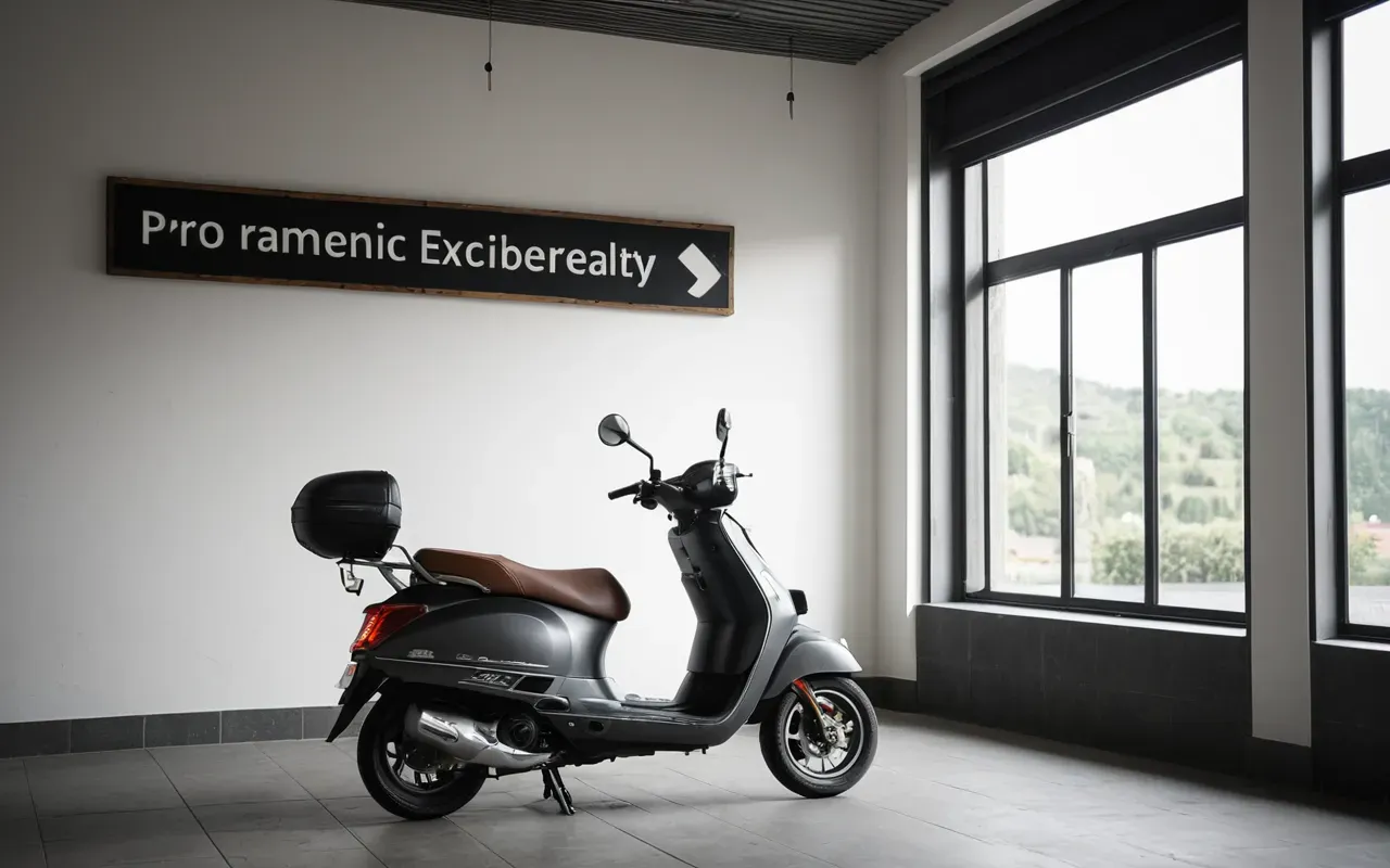 Modern minimalist interior with a scooter parked near large windows and soft natural light creating a calm atmosphere