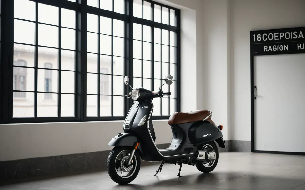 Modern minimalist room with a scooter placed near large windows and soft natural light creating a serene atmosphere