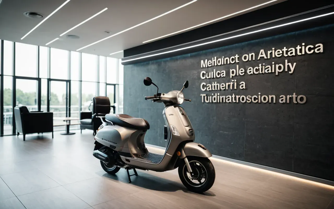 Modern office setting with a scooter displayed near glass walls and soft ambient lighting creating a professional atmosphere