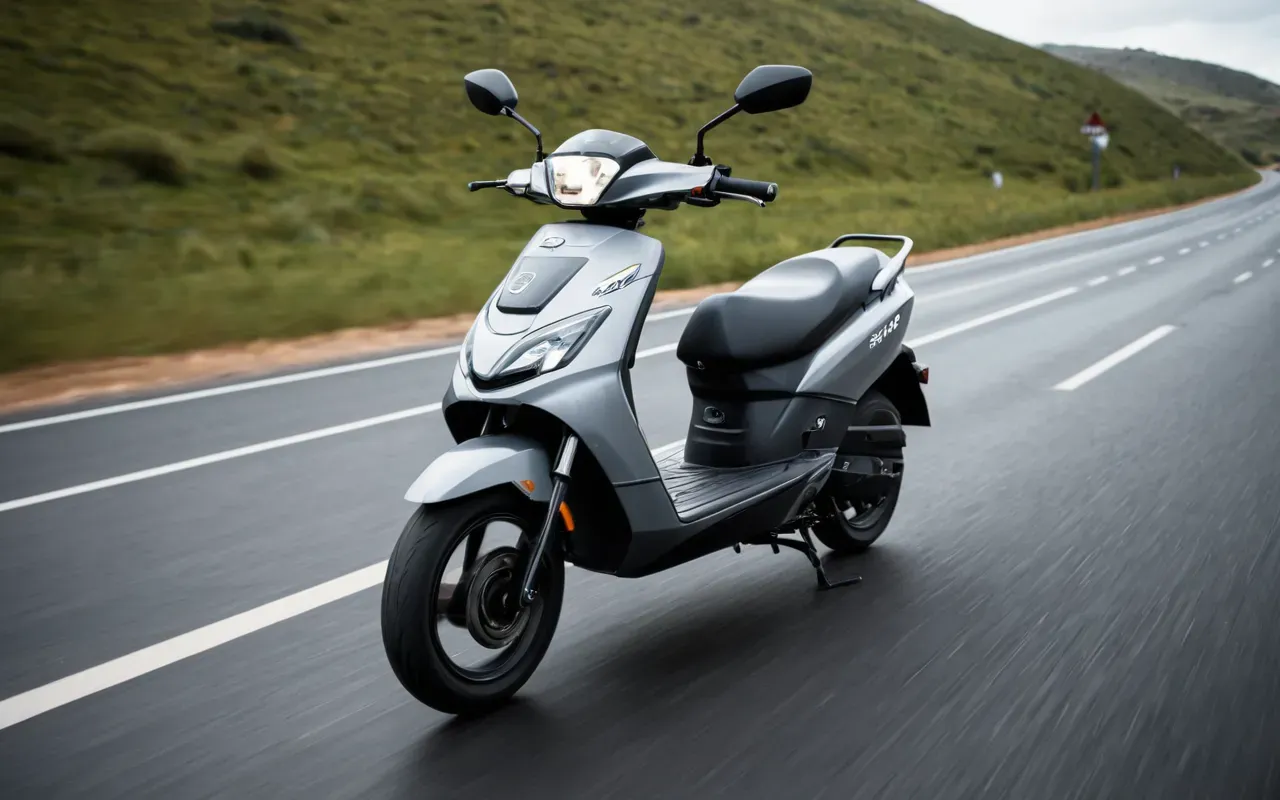 Wide angle view of a modern electric scooter in motion on a smooth asphalt road with blurred background and dynamic lighting effects suggesting speed