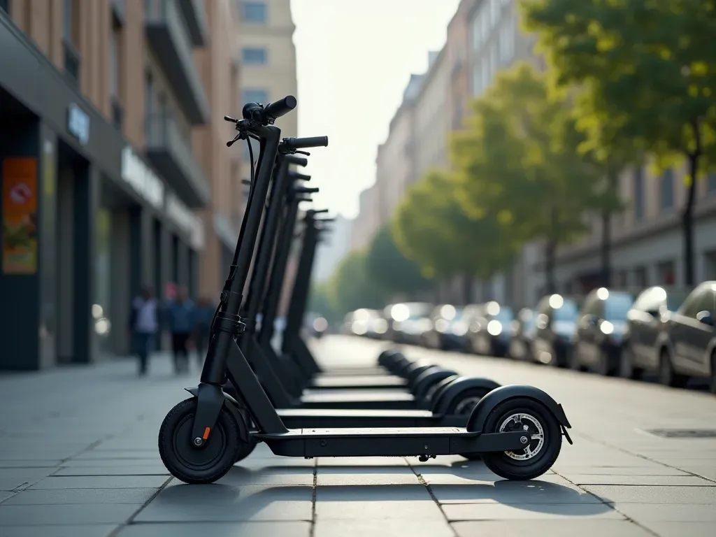 Wide editorial photograph of a modern urban street with electric scooters parked neatly along the sidewalk, soft natural daylight, editorial photography