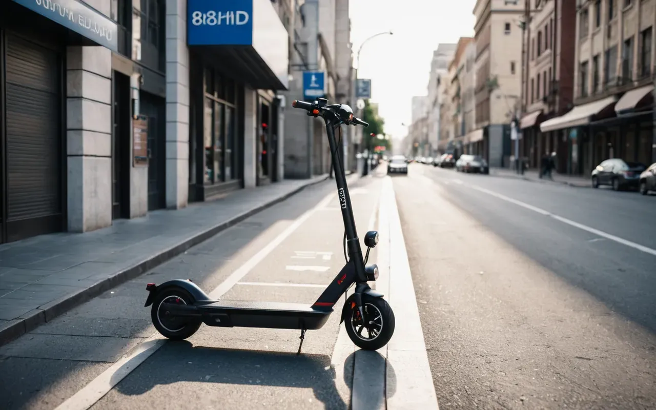 Wide shot of a modern city street with an electric scooter parked near a crosswalk in the morning light and clean pavement texture