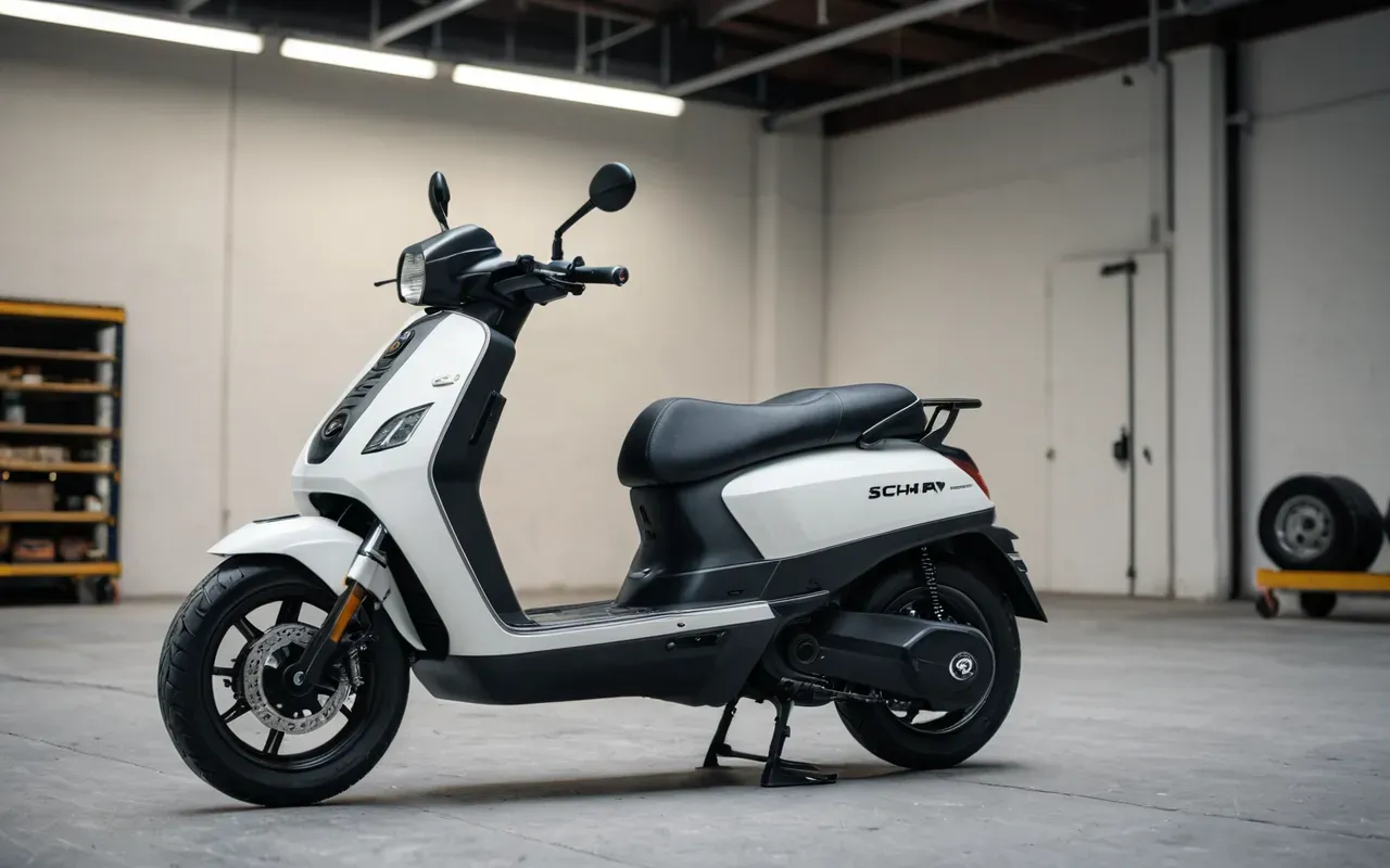 Wide shot of a modern electric scooter parked on clean concrete floor in a minimalist workshop setting with industrial lighting and neutral tones