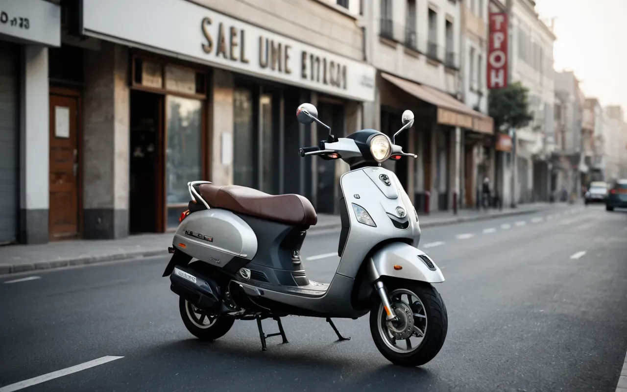 Wide shot of a modern scooter on an empty urban street with soft morning light and minimalist architecture in the background