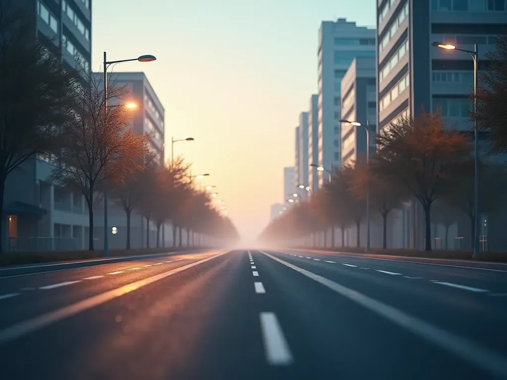 şehir içi ulaşım Wide shot of a modern urban street at dawn, clean asphalt, minimalist streetlights, soft morning fog, empty traffic lanes, contemporary architecture in background, neutral tones