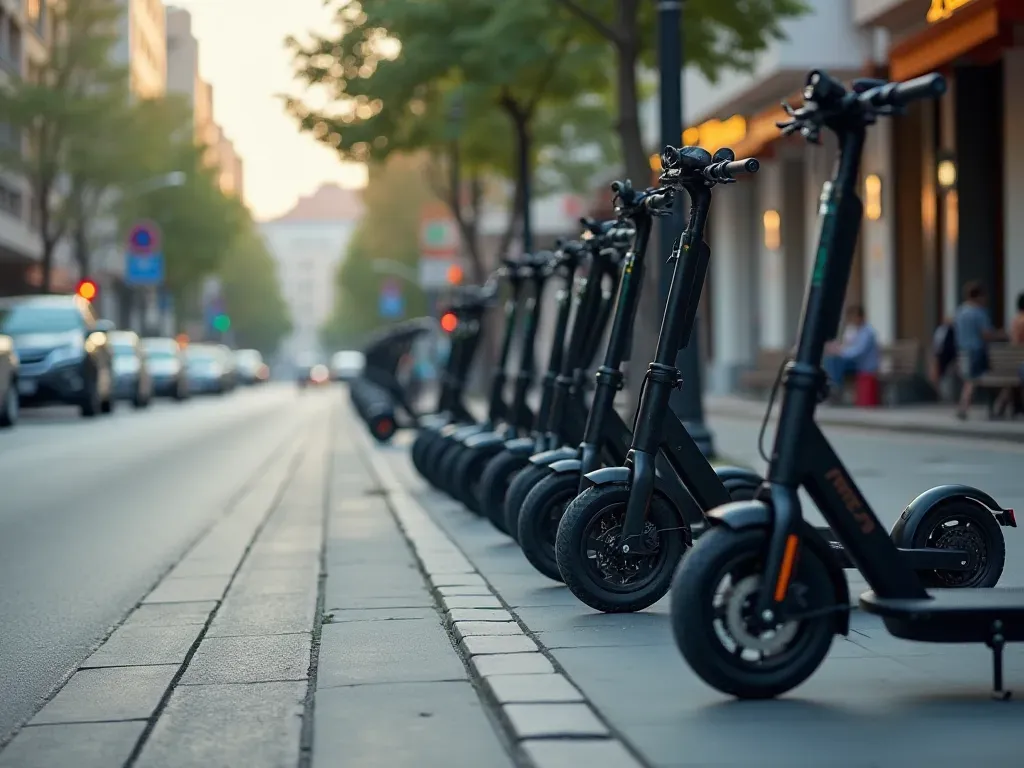 Wide shot of a modern urban street with electric scooters parked neatly along the sidewalk, soft natural daylight, editorial photography