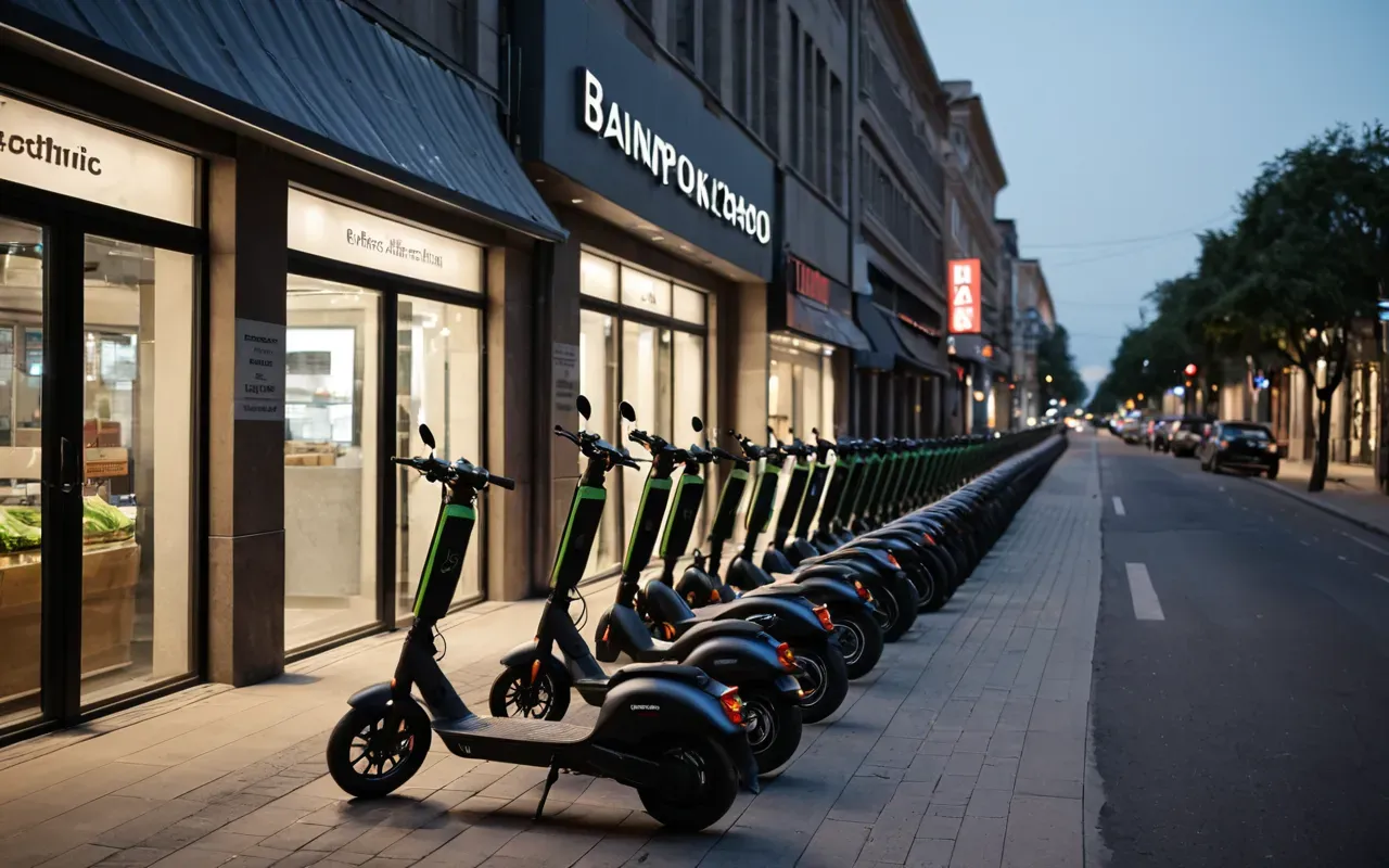 A city street at dusk with several electric scooters neatly parked on the sidewalk, a mix of modern urban architecture in the background.