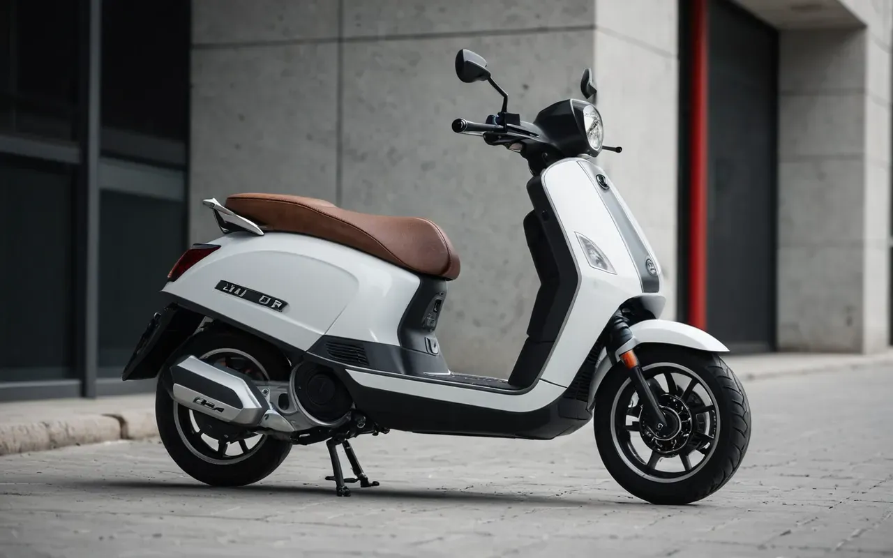 A clean editorial still life of a modern electric scooter with its battery compartment open on a concrete surface showing the internal components under soft diffused lighting in neutral tones