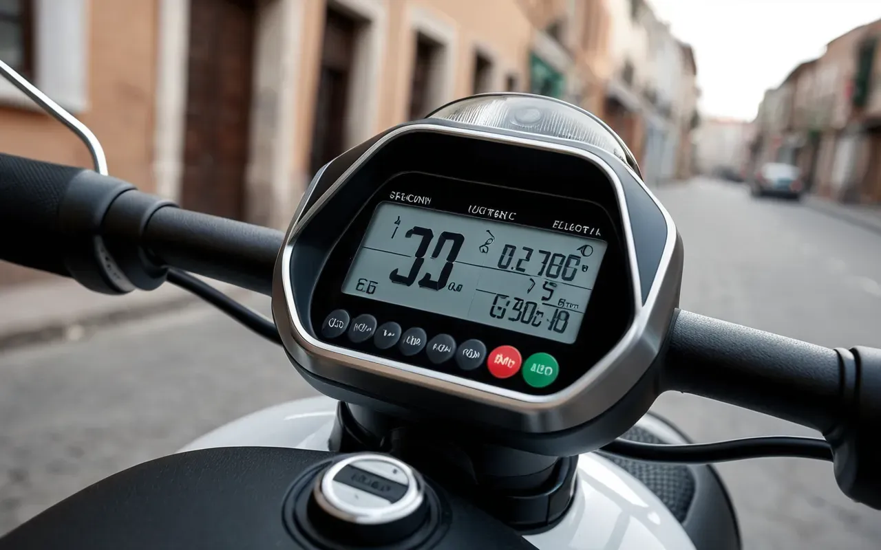 A close-up editorial shot of a modern electric scooter dashboard and handlebars with clean lighting, shallow depth of field, no text visible.
