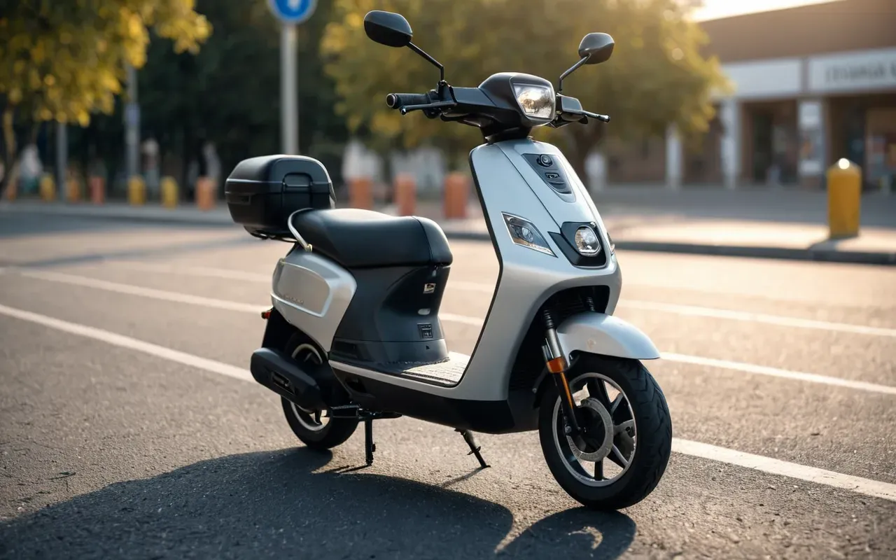 elektrikli skuter detayları A close-up of a modern electric scooter standing on a smooth asphalt surface with soft morning light and blurred background.