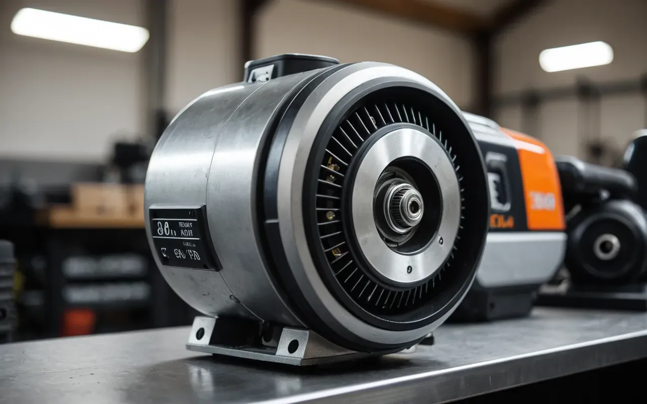 A close-up of a modern electric scooter motor assembly on a clean workshop table with tools and soft diffused lighting highlighting the mechanical components in neutral tones