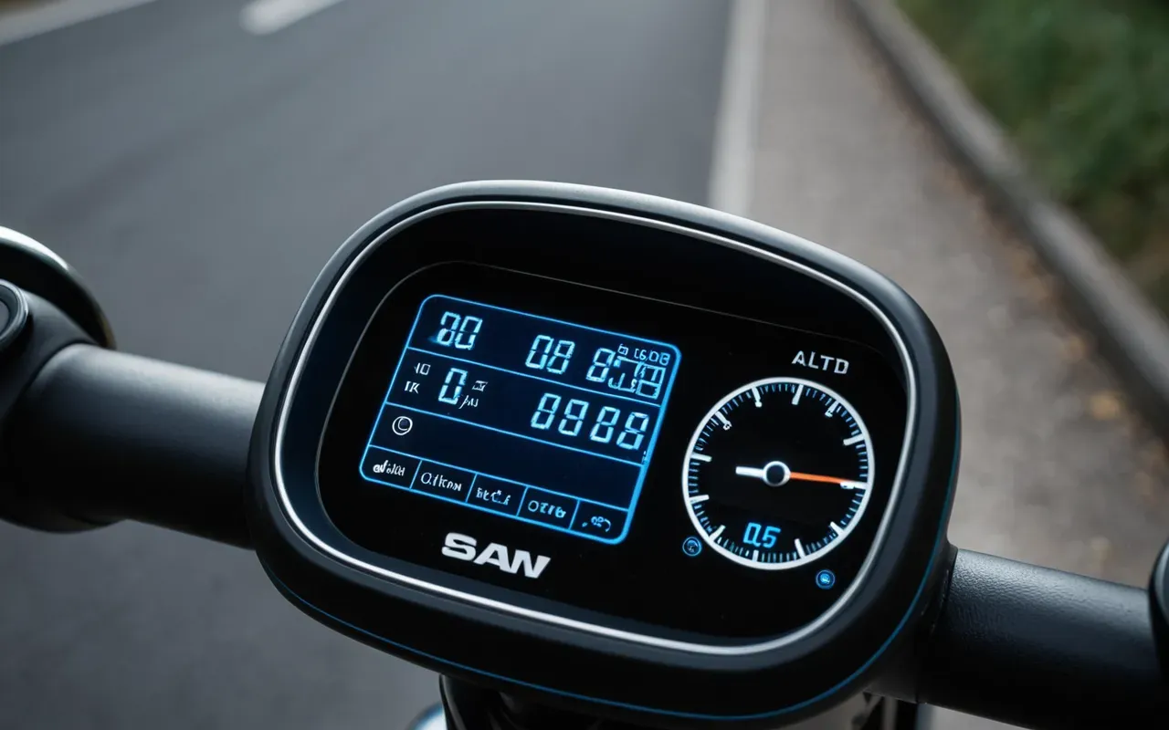 A close up of a modern electric scooter dashboard showing digital speed and battery icons with soft blue backlighting in the dark.