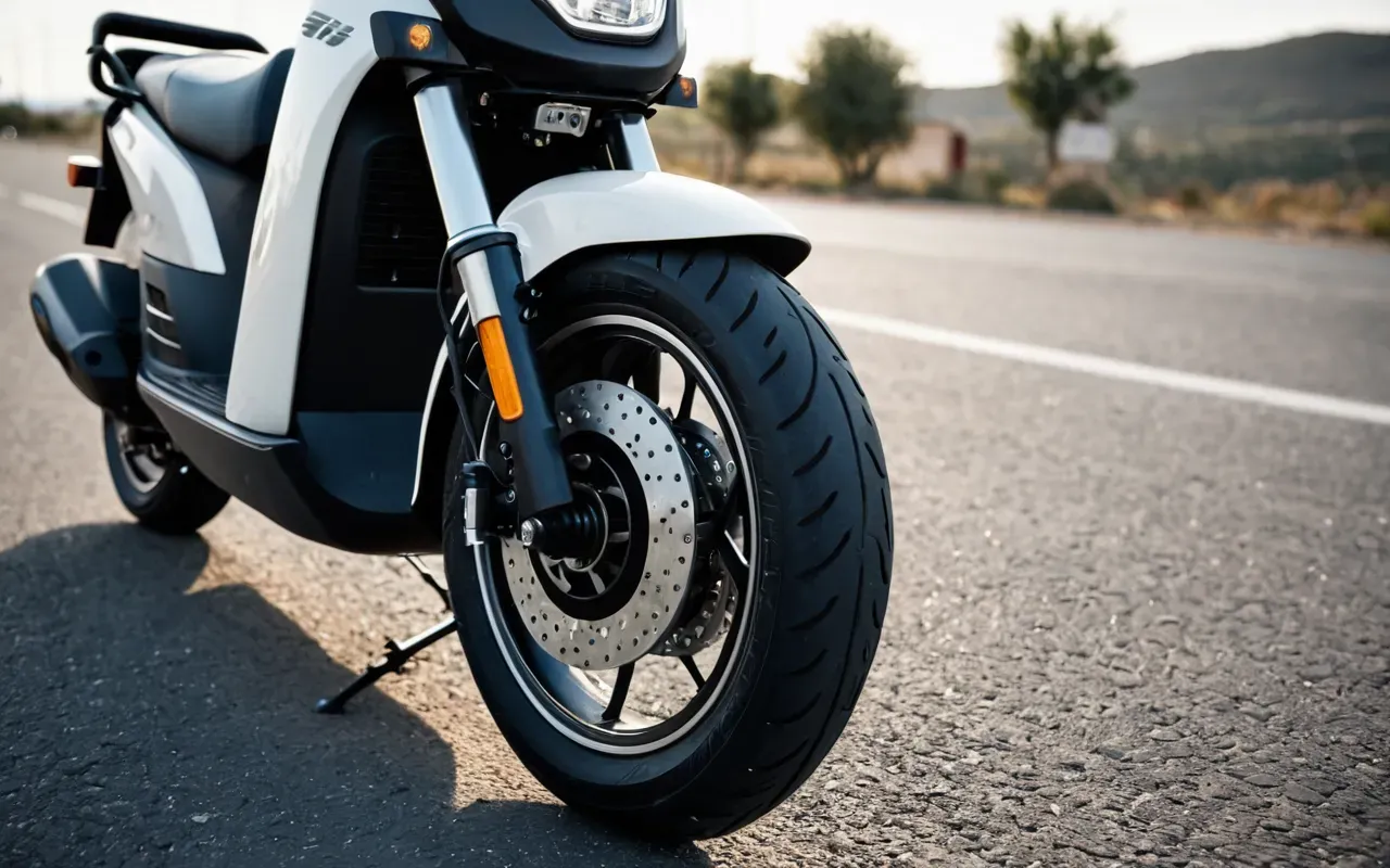 A close-up of a modern electric scooter's front wheel and brake system on a clean paved road with soft daylight highlighting the mechanical details without any visible text or logos.