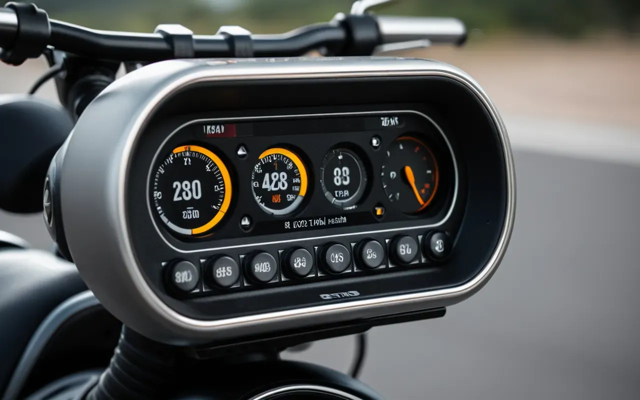 A close-up of a modern scooter dashboard with illuminated buttons and a smooth metallic finish under soft studio lighting highlighting precision engineering details without any readable text.