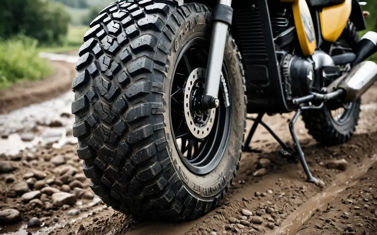 A close up of a rugged off road scooter tire with deep treads on a muddy gravel path under bright daylight showing detailed texture.
