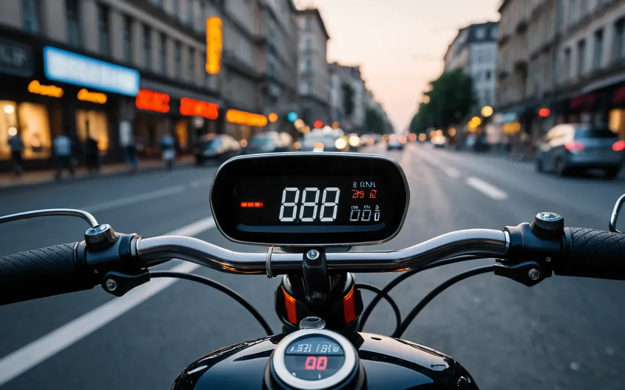 A close-up of a scooter handlebar with a digital speedometer showing zero. The background is blurred city traffic at dusk, emphasizing the focus on vehicle controls.