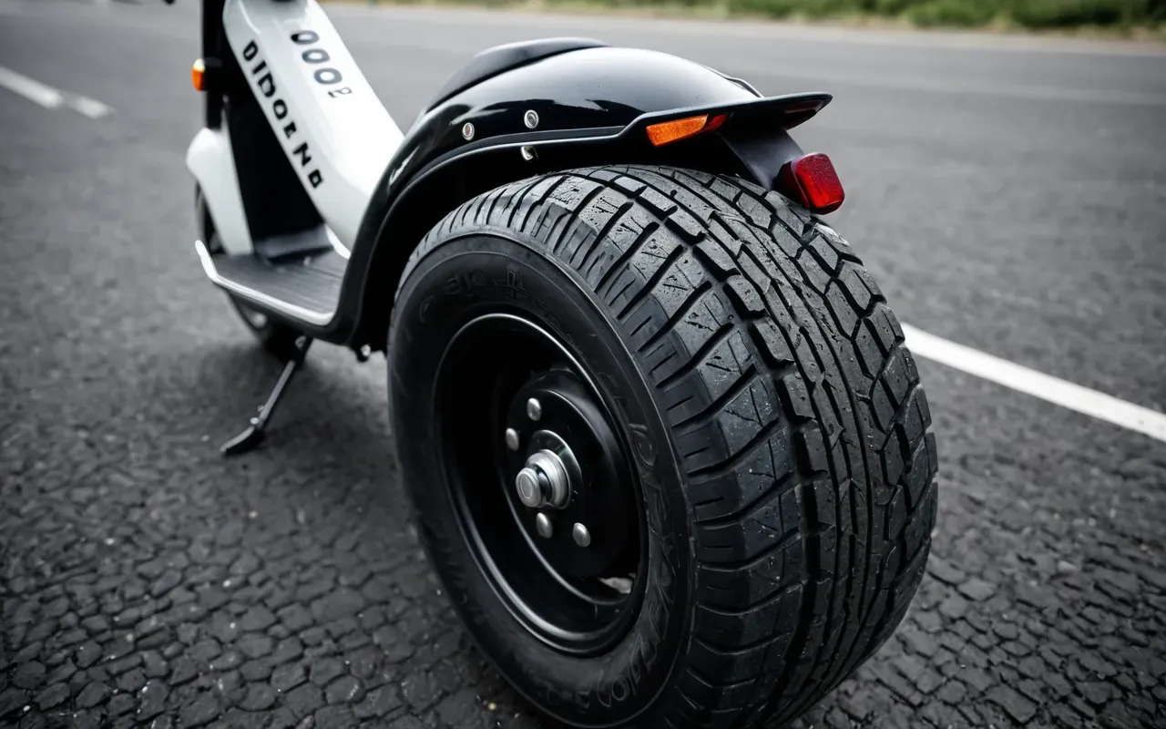 A close-up of a worn electric scooter tire with visible tread pattern on a rough asphalt surface, shallow depth of field highlighting the texture and wear marks in natural daylight
