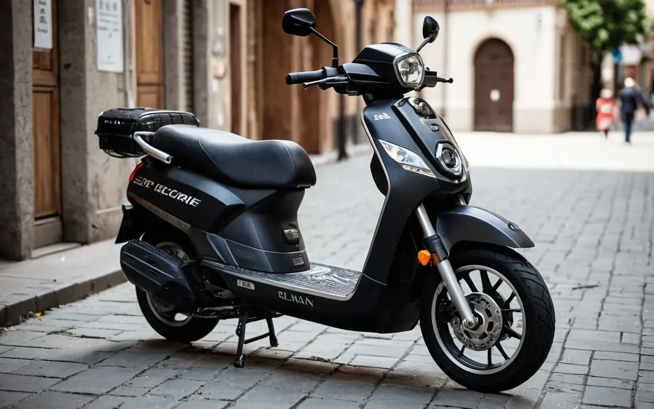 A close-up shot of a heavy electric scooter parked on a sidewalk with a padlock attached to the frame, showing its robust build and thick tires under natural daylight.